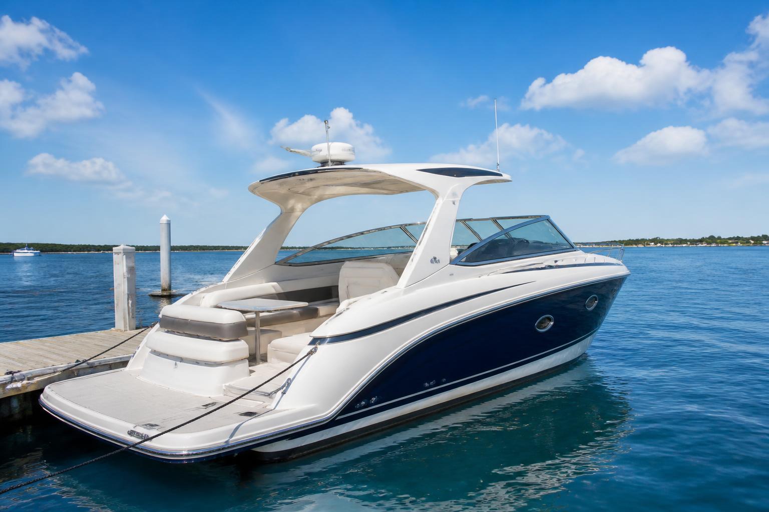 A sleek white and blue boat docked on calm blue water
